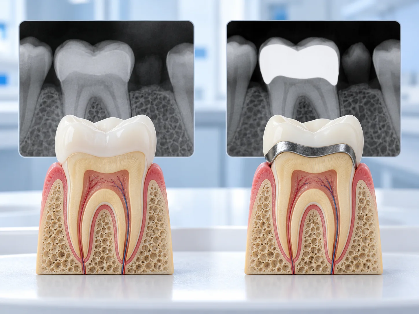 Răng toàn sứ và răng sứ kim loại ảnh hưởng đến phim X-quang thế nào?